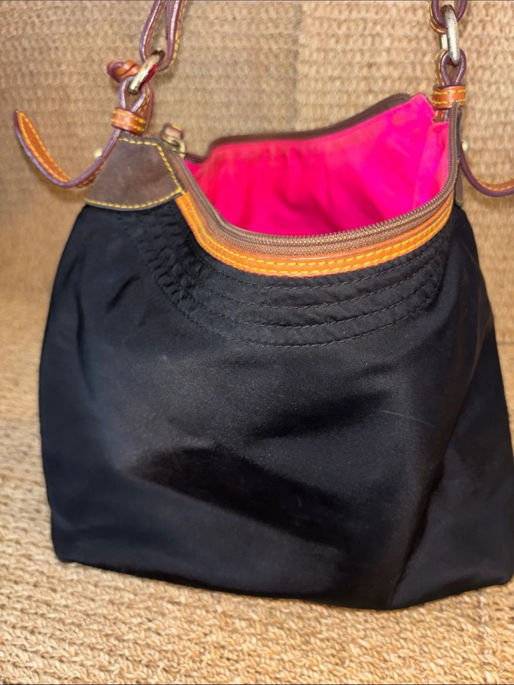 Y2K Dooney & Bourke Black Nylon Shoulder Bag w Tan Leather Trim and Brown Suede - Picture 2 of 11